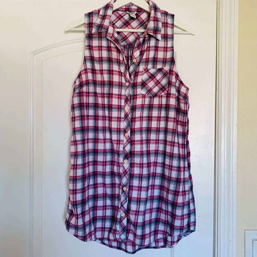Forever 21 Red, Navy & White Plaid Flannel Button-Down Tunic Tank Shirt | Size L